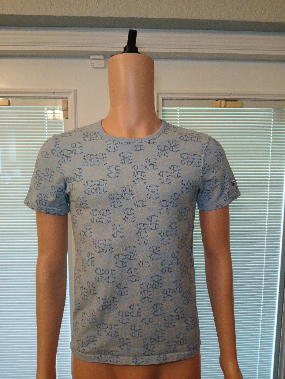 Champion Light Blue All-Over Logo Short Sleeve Tee - Picture 1 of 5
